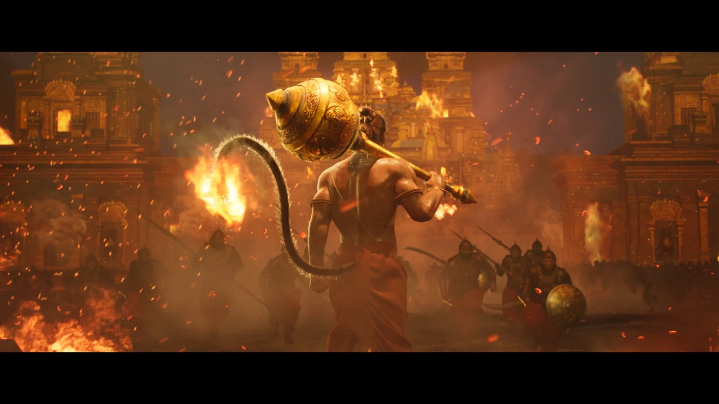Hanuman leaping above the burning city of Lanka